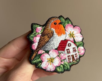 Blooming home hand embroidered brooch, cottagecore textile art, bird embroidery art brooch
