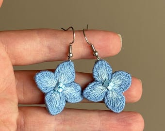 Blue hydrangea hand embroidered earrings, textile jewelry gift