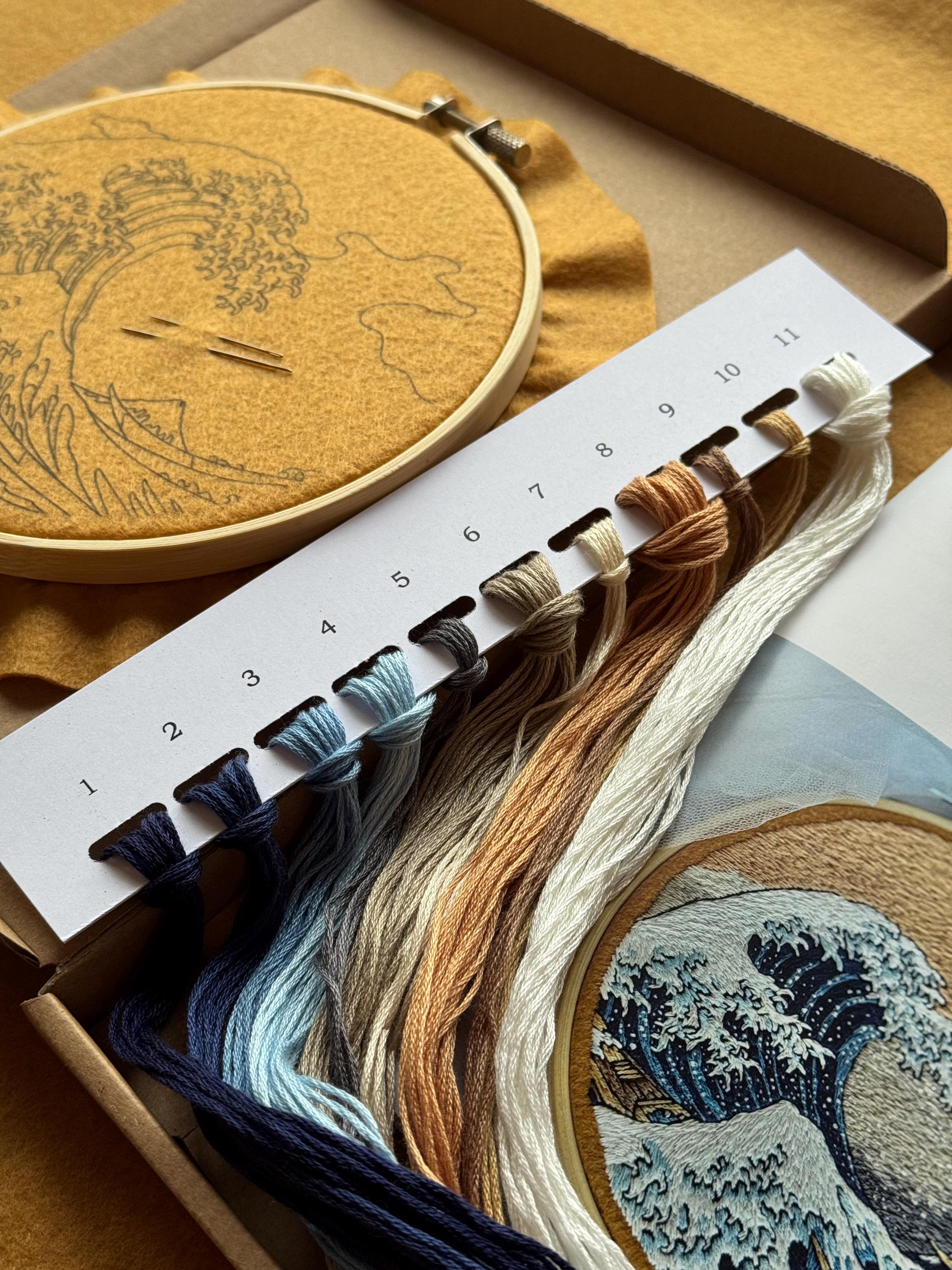 ぬ*ー様 Kashiko Embroidered Pintuck Wide Pa The Great Wave off Kanagawa Hand Embroidery Kit, Katsushika