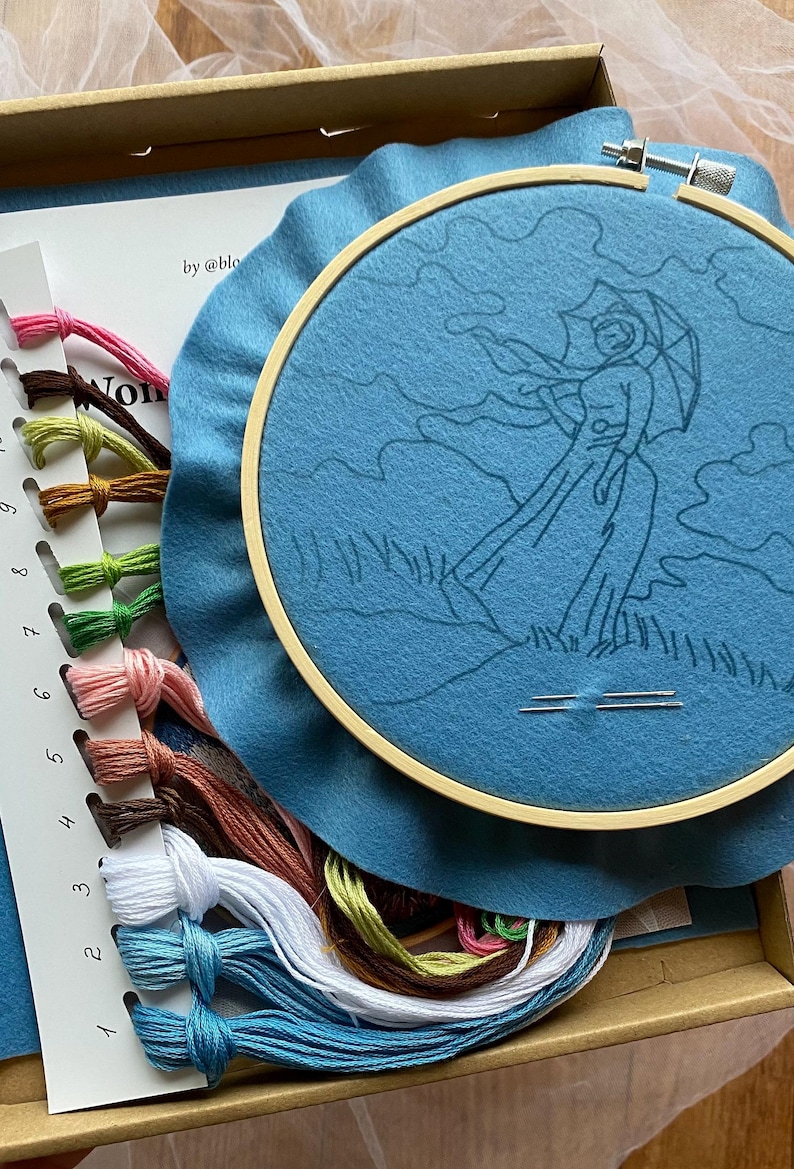May include: A blue embroidery hoop with a design of a person holding an umbrella. The hoop is surrounded by a blue felt pad and a set of embroidery floss in various colors.