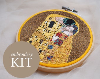Gustav Klimt The Kiss hand embroidery kit, The Kiss hoop art thread painting, Love embroidery kit, DIY kit for adults