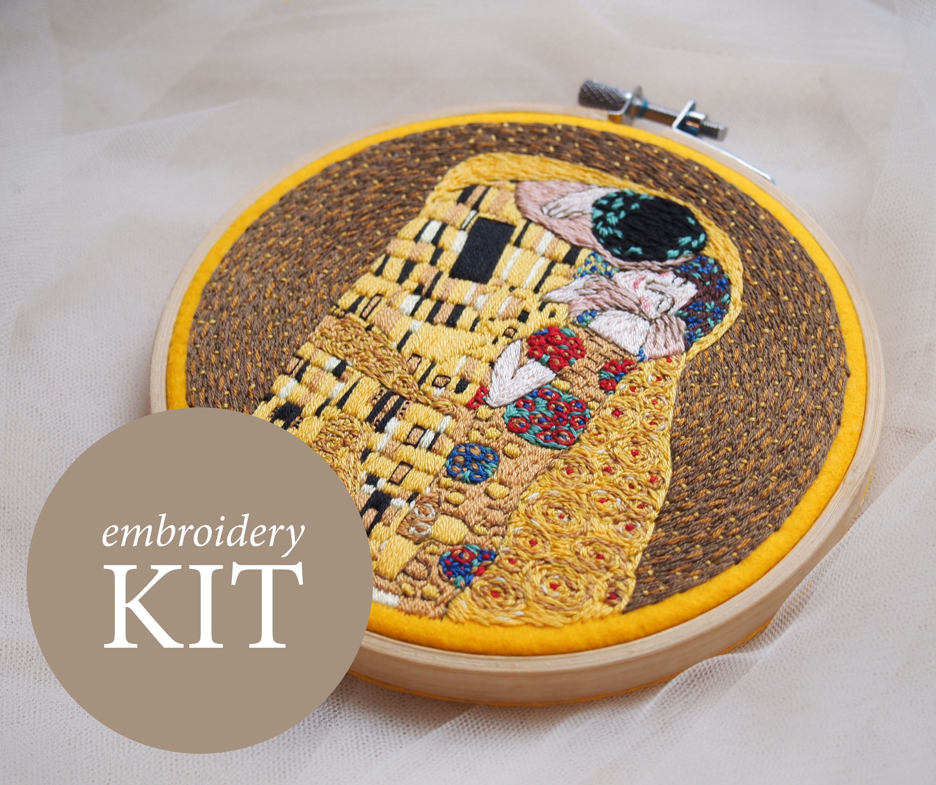 Gustav Klimt 接吻 (The Kiss) 絵画　金糸刺繍 グスタフ・クリムト「接吻」手刺繍キット、「接吻」フープアート糸絵画