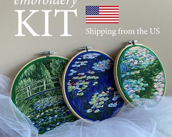 Claude Monet hand embroidery kit, Water Lilies cottagecore art kit, DIY kits for adults, thread painting kit