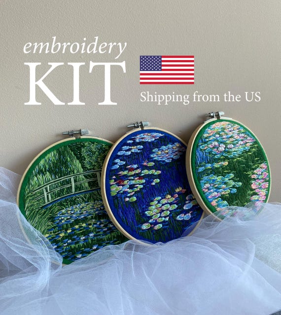 Claude Monet hand embroidery kit, Water Lilies cottagecore art kit, DIY kits for adults, thread painting kit
