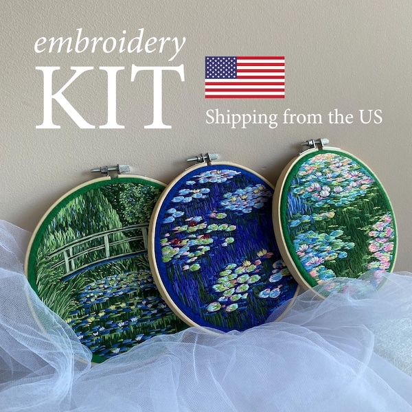 Claude Monet hand embroidery kit, Water Lilies cottagecore art kit, DIY kits for adults, thread painting kit