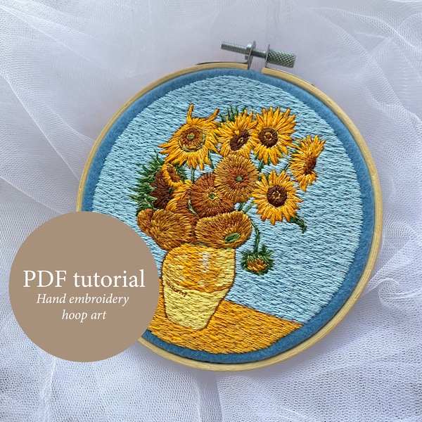 Van Gogh Sunflowers hand embroidery pattern, Van Gogh embroidery hoop art, Van Gogh Sunflower thread painting
