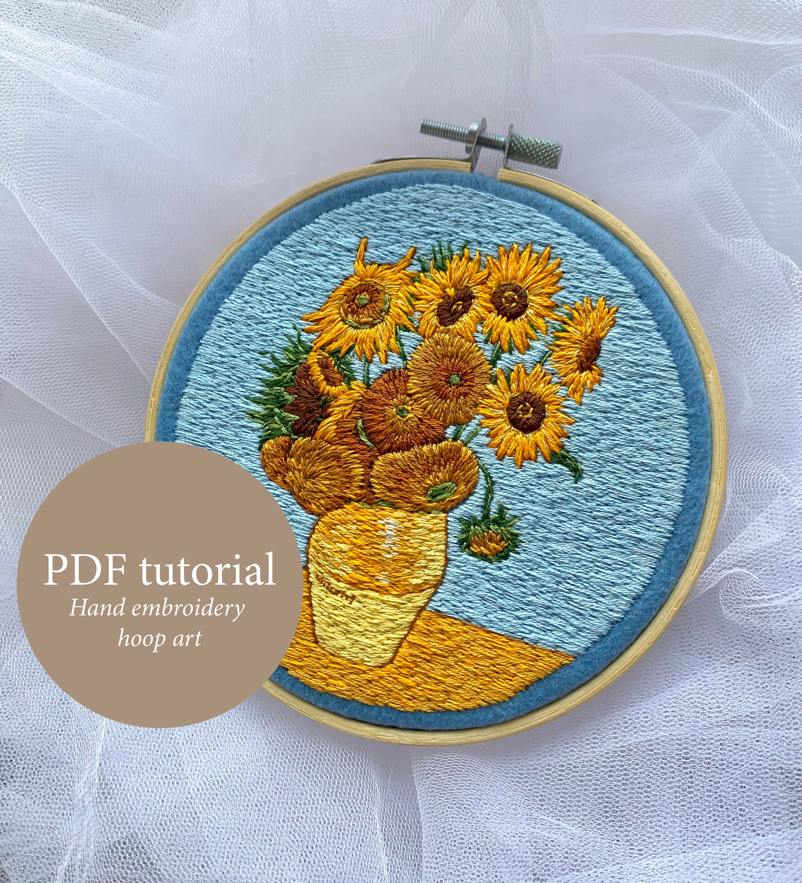 ゴッホの名画を刺繍にしました ゴッホのひまわりの手刺繍パターン、ゴッホの刺繍枠アート、ゴッホの