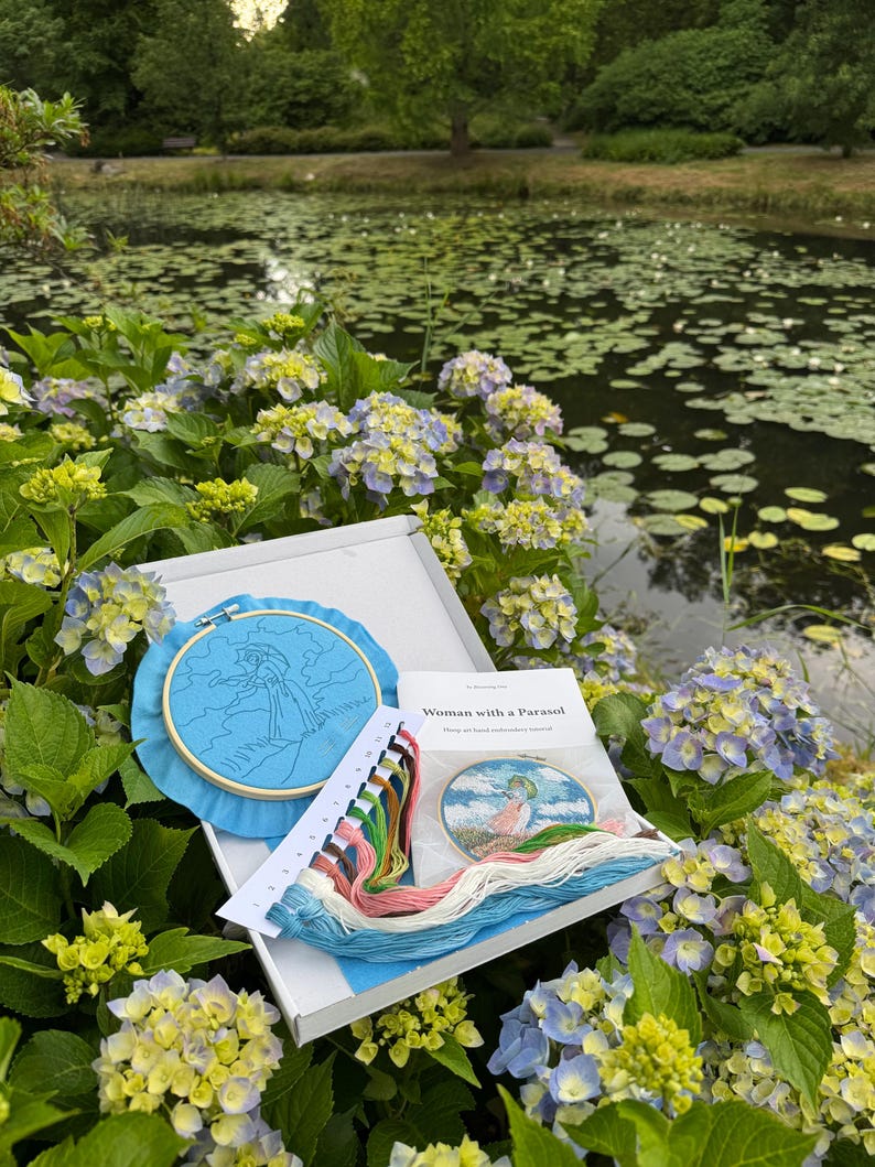 Claude Monet Woman with a Parasol hand embroidery kit, Monet Lady with a Parasol hoop art kit, cottagecore kit, DIY kits for adults image 10