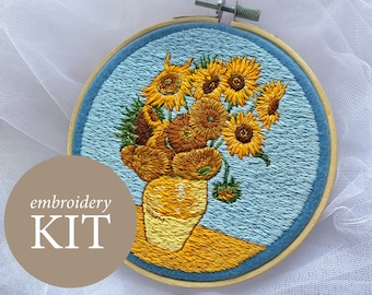 ゴッホのひまわり刺繍キット、青い糸に描かれたゴッホの刺繍ひまわり