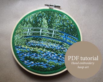 Tutorial PDF Claude Monet modello di ricamo a mano del ponte giapponese, file di ricamo a telaio del ponte di Monet su uno stagno di ninfee