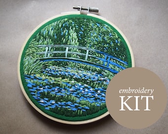 Claude Monet Japanese Footbridge embroidery kit, Water Lilies hand embroidery DIY kit, adult craft thread painting kit, DIY kits for adults