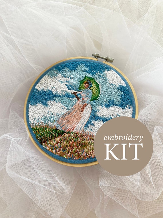 Claude Monet Woman with a Parasol hand embroidery kit, Monet Lady with a Parasol hoop art kit, cottagecore kit, DIY kits for adults