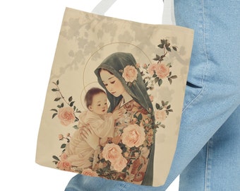 Reusable Japanese Madonna & Child Christ Tote Bag, Asian Virgin Mary Eco-Friendly Shopper, Sustainable Religious Travel Carry-All Totebag