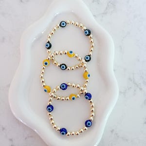 14kt Gold-Filled Beaded Bracelet with Five Glass Evil Eye Charms, Gold-Filled Beads
