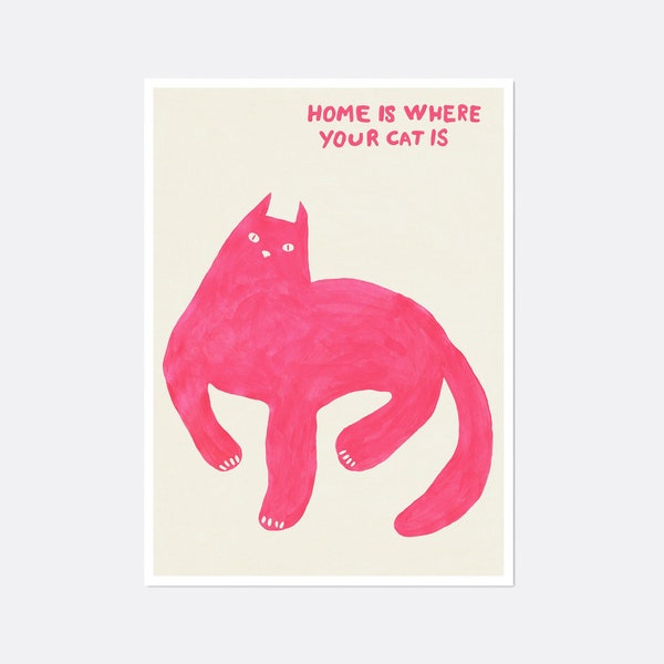 Cat David Shrigley Style Print, Home Cat Poster, Cute Kitten Illustration, Cat Lover Gift, Pink Digital Wall Art Print