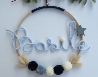 Personalized wreath with child's name, knitted wall decoration with dried flowers for a child's room, children's frame, baby wooden circle, pompom wreath