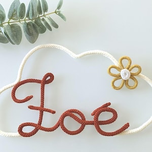 Knitted name, cloud, pom-poms, flowers, wall or door decoration for baby's room, personalized decoration for children, birth gift