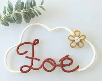 Knitted name, cloud, pom-poms, flowers, wall or door decoration for baby's room, personalized decoration for children, birth gift