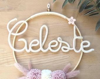 Pom-pom wreath with child's name/children's room decor with dried flowers, name circle, birth gift, personalized wreath, knitted wreath