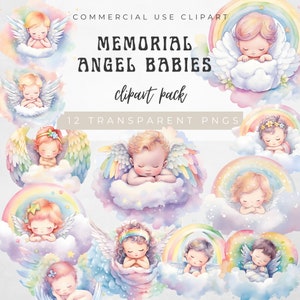 May include: Twelve watercolour illustrations of angel babies with wings, sleeping on clouds with rainbows. The illustrations are in a pastel colour palette with pink, blue, yellow, and green.