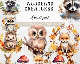 Watercolor Baby Woodland Animals Clipart, Nursery Clip Art, Fox, Deer, Hedgehog, Baby Shower, Animals Babies, Junk Journal, Digital Planner,