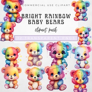 May include: Twelve digital illustrations of rainbow baby bears. Each bear is a different color and has a rainbow stripe down its back. The bears are all sitting in a variety of poses. The text "BRIGHT RAINBOW BABY BEARS clipart pack 12 TRANSPARENT PNGS" is at the top of the image.