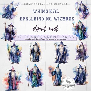 Könnte beinhalten: Zwölf Aquarell-Illustrationen von skurrilen Zauberern mit langen weißen Bärten und spitzen Hüten. Jeder Zauberer hält einen Stab und ist von bunten Aquarellspritzern umgeben. Der Text "WHIMSICAL SPELLBINDING WIZARDS clipart pack 12 TRANSPARENT PNGS UNIQUE CLIPART & DIGITAL PAPERS FOR PERSONAL OR COMMERCIAL USE" befindet sich oben im Bild.