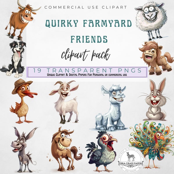 Quirky Farm Animal Clipart, Funny Farm Clip Art, Watercolor Nursery Wallart, Whimsical Sublimation Design PNG, Kid Birthday, goat, horse