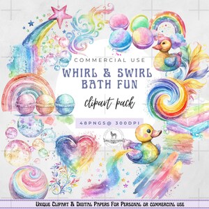 Puede incluir: Paquete de imágenes prediseñadas de acuarela con elementos caprichosos con temática de baño. Incluye arcoíris, bombas de baño, patitos de goma, remolinos y estrellas en una paleta de colores vibrantes. El texto dice "WHIRL & SWIRL BATH FUN clipart pack".