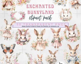 Watercolor Bunny Clipart Pack, Baby Shower Clip Art, Nursery Wall Art Printable, Graphics For A Baby Girl, Junk Journal Page Spring Images