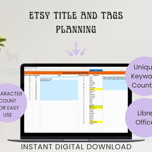 May include: A laptop computer displaying a spreadsheet with the title "Etsy Keyword and Tag Generator". The spreadsheet has columns for "Count", "Remaining", "Tags", "Keyword Length", and "Keyword". The spreadsheet is used to help Etsy sellers plan their product titles and tags.