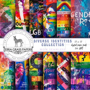 May include: A digital paper pack with 12 colourful, abstract designs featuring geometric shapes, rainbow colours, and text like "Breaking Boundaries", "Gender Fluid", and "LGBTQ+". The pack is 12 x 12 inches and 300 DPI.