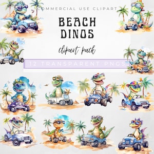 Op de afbeelding: Twaalf aquarel illustraties van dinosaurussen die zonnebrillen dragen en strandbuggy's rijden. De dinosaurussen zijn groen, blauw en paars. De buggy's zijn blauw, groen en geel. De achtergrond is een strandscene met palmbomen en zand.