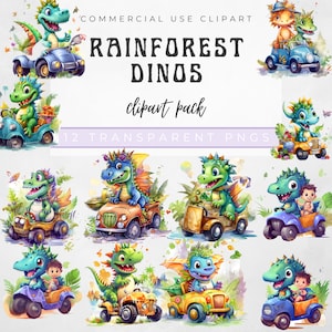 Op de afbeelding: Een set van 12 digitale clipart-afbeeldingen met schattige cartoon-dinosaurussen die auto's rijden in een regenwoudsetting. De dinosaurussen zijn groen, blauw en oranje met kleurrijke accenten. De auto's zijn in verschillende kleuren en stijlen. De tekst "RAINFOREST DINOS clipart pack 12 TRANSPARENT PNGS" staat bovenaan de afbeelding.