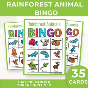 May include: Rainforest Animal Bingo game set with 35 cards. The cards feature colorful illustrations of rainforest animals like iguanas, sloths, and hummingbirds. Includes calling cards and tokens. The word "BINGO" is displayed in large, colorful letters.