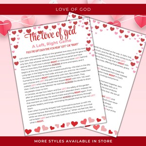 May include: Three pages with the text "The love of god" and "A Left, Right Game" are displayed. The pages are decorated with red hearts. The text includes the phrases "LEFT" and "RIGHT". The words "MORE STYLES AVAILABLE IN STORE" are at the bottom.