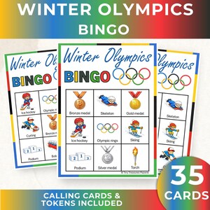 May include: A set of Winter Olympics Bingo cards with illustrations of ice hockey, curling, skiing, and Olympic rings. The cards include the text "Winter Olympics Bingo" and "Calling Cards & Tokens Included."