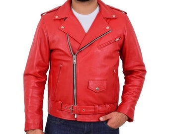 Rote Biker-Lederjacke für Herren aus echtem Rindsleder | Cowboy Rote Biker Lederjacke, Motorradjacke, Bikerjacke, Rennjacke Geschenk für Ihn