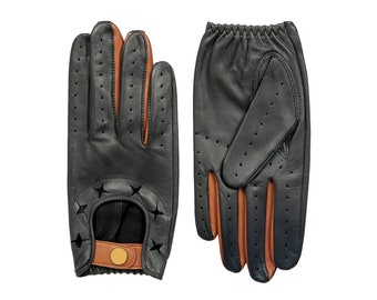 Gants en cuir d'agneau faits main | Gants de conduite en cuir de couleur NOIR/TAN pour hommes | Gants en cuir tendance