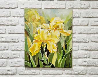 Iris-Ölgemälde, gelbes Blumengemälde, gelbes florales Original-Kunstgemälde, Iris-Wandkunst, Iris-Kunstwerk, Iris-Dekor, Iris-Gemälde