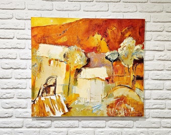Oranje landschap canvas kunst aan de muur, abstracte natuur schilderij groot impressionistisch olieverfschilderij Impasto kunstwerk abstract stadsgezicht impressionisme