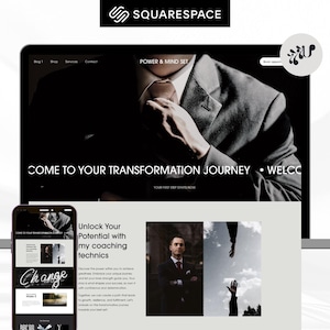 Può includere: Uno screenshot di un sito web che mostra un uomo in abito con il testo "Vieni al tuo viaggio di trasformazione" e "Sblocca il tuo potenziale con le mie tecniche di coaching".