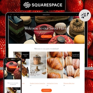 May include: A Squarespace website, displayed on a laptop and smartphone, promotes a bakery with images of cakes, croissants, and macarons. The background is filled with fresh strawberries, creating a visually appealing presentation.