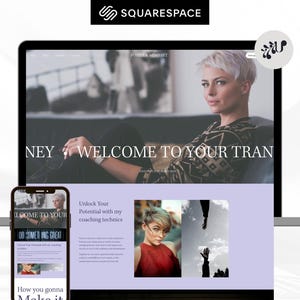 May include: A website screenshot showing a woman with short blonde hair sitting on a couch. The website is titled "Welcome to Your Transformation" and features a call to action to unlock your potential with coaching techniques. The website is designed with a light purple background and features a photo of a woman with glasses and a photo of two hands reaching towards each other.
