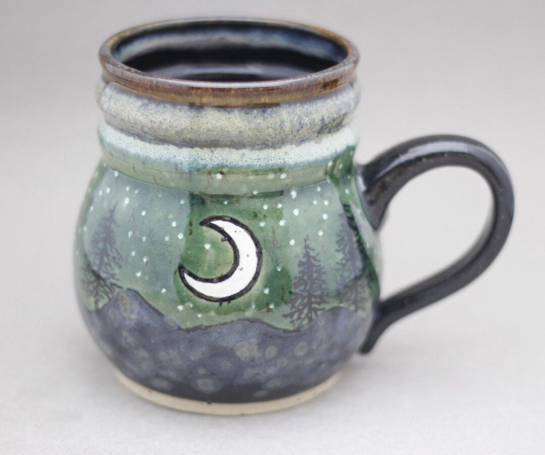 Crescent Moon and Mountain Pines Large 18 Oz Mug Hand Thrown Stoneware