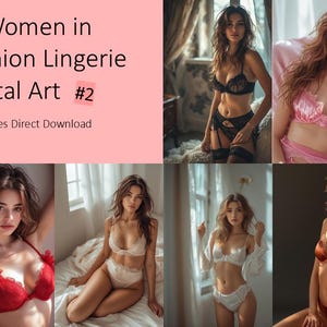 May include: A digital art collage featuring multiple images of women in various lingerie sets. The lingerie includes bras, panties, and other undergarments in colors like black, pink, red, and white. Text on the image reads "AI Women in Fashion Lingerie Digital Art #2".