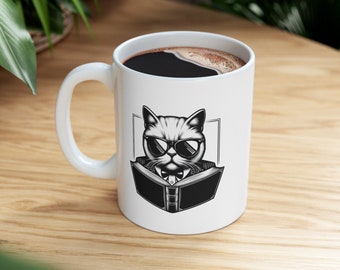 Ceramic Mug (11oz) - Cool Cat reading a Book