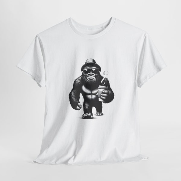 Cool Gorilla walking with Coffee - Unisex Heavy Cotton Tee