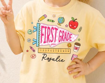 Custom Name Girls Back to School Shirt, Coquette School Top, Cute Pre K Kindergarten Shirt, First Day Of School Pennant Tee, Kids Toddler