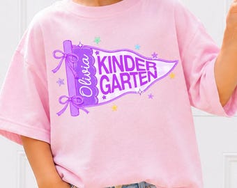 Custom Boys Girls Back to School Shirt, Cute Pre K Kindergarten Shirt, First Day Of School Pennant Toddler Tee, Kids Name Coquette Shirt